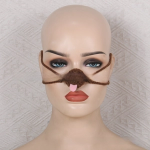 Detailed close-up of a handmade brown crochet nose warmer with animal face features