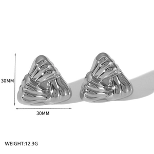 Detailed view of silver irregular triangular earrings with dimensions 30mm and weights 12.3g