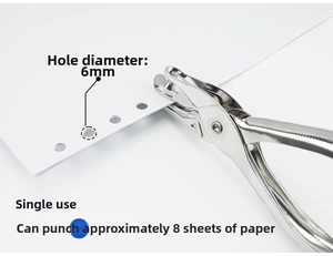 Detail of 6mm single hole metal puncher showing 8-sheet capacity for office use