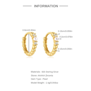 Detailed view of S925 silver gold hoop earrings with white pearls and sparkling zircons