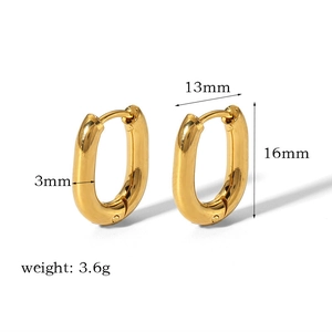 Detail view of gold rectangular earrings showing dimensions 16mm height and 13mm width