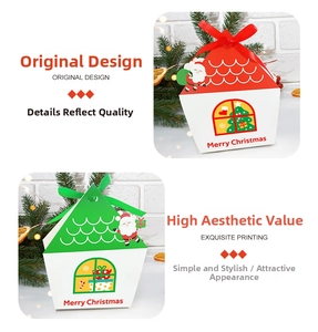 Christmas house-shaped gift boxes with festive prints and satin ribbon closures