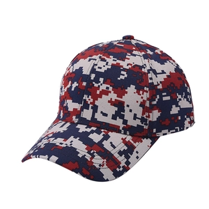 Outdoor digital camouflage baseball cap in blue and red with a curved brim for sun protection