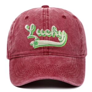St. Patrick's Day distressed washed red baseball cap with green Lucky embroidery