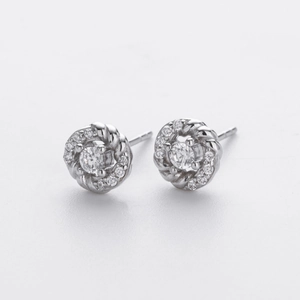 Macro shot of silver twisted hoop earrings with micro-pave cubic zirconia stones