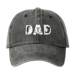 Faded charcoal grey washed baseball cap with DAD embroidery featuring fishing theme