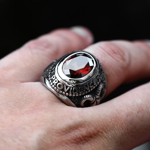 Retro stainless steel Masonic ring with large red oval gemstone and Providence engraving