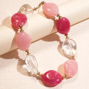 Chic pink marble acrylic beaded necklace with gold metal spacers and irregular oval charms