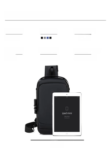 Detailed specs of black leather sling bag showing 0.39KG weight and mini iPad capacity