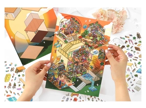 DIY miniature room scenery stickers for scrapbooking showing warm orange themed room decor