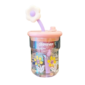 Gobelet floral en verre avec couvercle rose, filtre et paille pour bureau et thé