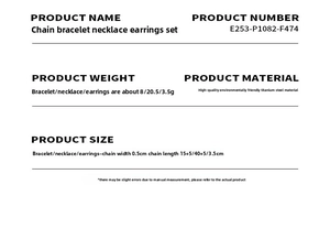 Detailed size specs for titanium steel chain jewelry set including weight and length