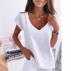 Simple white V-neck short sleeve T-shirt for women in breathable fabric