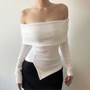 Elegant white off-shoulder long sleeve ribbed top with an asymmetrical hem for women