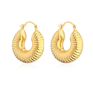 French vintage thick gold plated hoop earrings with ribbed croissant design on white background