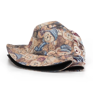 Unisex bucket hat with cartoon bear pattern in earth tones for outdoor sun protection