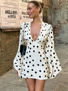 Vestito Mini A Pois Donna Poliestere Spandex Scollo A V Profondo Maniche Lunghe A Lanterna Vestibilità Aderente Moda Sexy