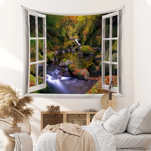 Detailed forest stream window view on a lightweight polyester fabric wall tapestry