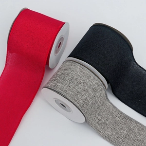 Three rolls of faux linen Christmas ribbons in red, black and grey for DIY crafts