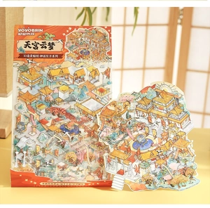 Detail of 3D mythical oriental scenery stickers with background card and PVC sheets