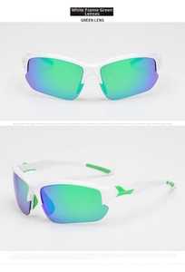 Close-up of white frame polarized sport sunglasses with green mirrored lenses and sleek design