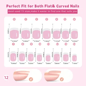 Detailed size chart for 15 French press-on nail tip sizes with precise dimensions