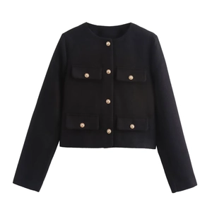 Women's black cropped jacket with round neck and gold buttons in tweed style