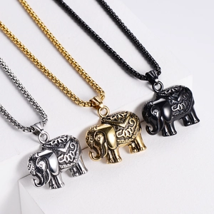 Elephant pendant necklaces in silver, gold, and black finishes with box chains
