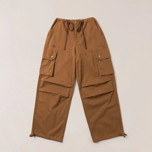Retro camel cargo pants with drawstring waist and unique pleated knee detailing