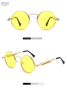 Steampunk round sunglasses with gold metal frame and yellow lenses showing spring hinge detail