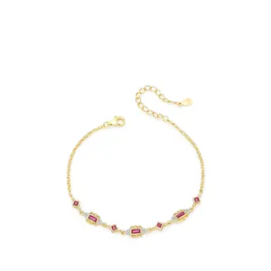 Retro Geometric Bracelet 925 Sterling Silver Gold Plated Red Rectangle Cubic Zirconia Jewelry For Women Elegant