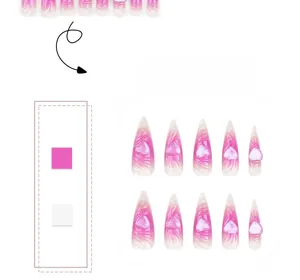 Detailed set of long stiletto press-on nails featuring pink gradient and 3D glitter hearts