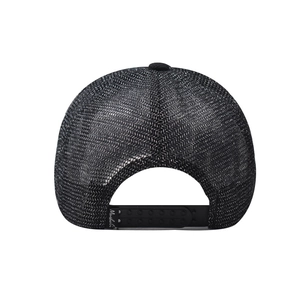 Close-up of black breathable mesh trucker hat with adjustable snapback closure strap