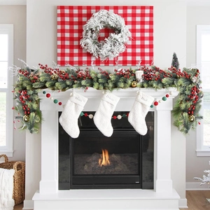 180cm flocked Christmas garland with red berries and three white plush stockings