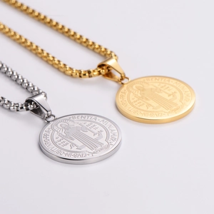 Saint Benedict stainless steel necklaces in gold and silver finish with religious pendants