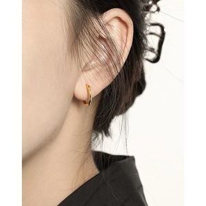 Minimalist geometric S925 sterling silver hoop earrings in polished gold finish on ear