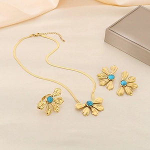 18K Gold Plated Stainless Steel Flower Petal Necklace Earrings And Ring Turquoise Artificial Pearl Elegant Fashion Accessory For Women
