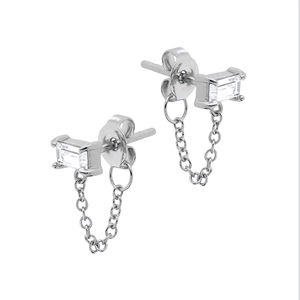 Elegant S925 silver chain earrings with baguette cut zircon and high-polish finish