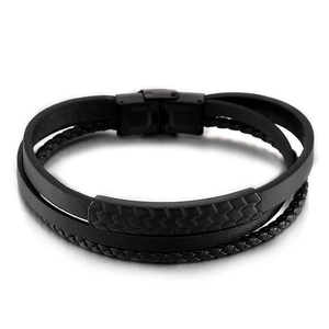 Men's multilayer black braided leather bracelet with geometric stainless steel clasp