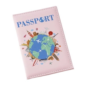 Pink passport cover featuring global landmark illustrations and blue PASSPORT lettering