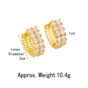 Luxury gold plated geometric hoop earrings with square CZ stones and honeycomb design