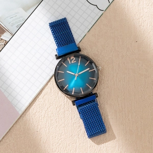Elegant blue gradient quartz watch for women with Milanese magnetic mesh band