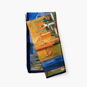 Close-up detail of Van Gogh The Yellow House oil painting pattern on silk neckerchief