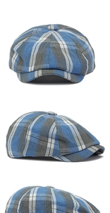 Trois vues de la casquette gavroche à carreaux bleu et gris au motif classique