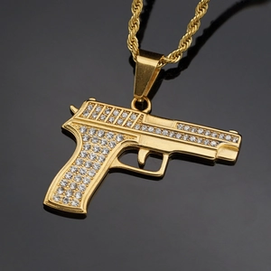 Collier Pendentif Pistolet Iced Out Acier Inoxydable Plaqué Or 18K Rhinestone Desert Eagle Hip Hop Bijoux Pour Homme