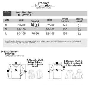 Detailed size chart for off-shoulder knitted maxi dress with S, M, L measurements