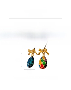 Detail showing vintage egg-shaped earrings with gold bow hooks and colorful enamel inlay