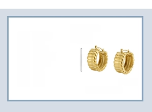 Détail macro de boucles d'oreilles géométriques dorées 18k avec spécifications