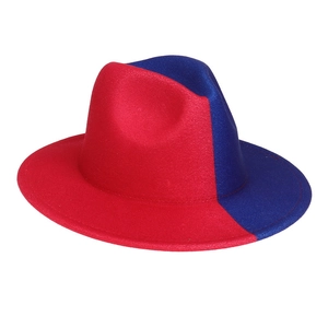 Detail view of red and blue color block wool felt fedora hat with wide brim design