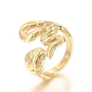Unique gold snake ring in stainless steel with detailed scales and open adjustable design